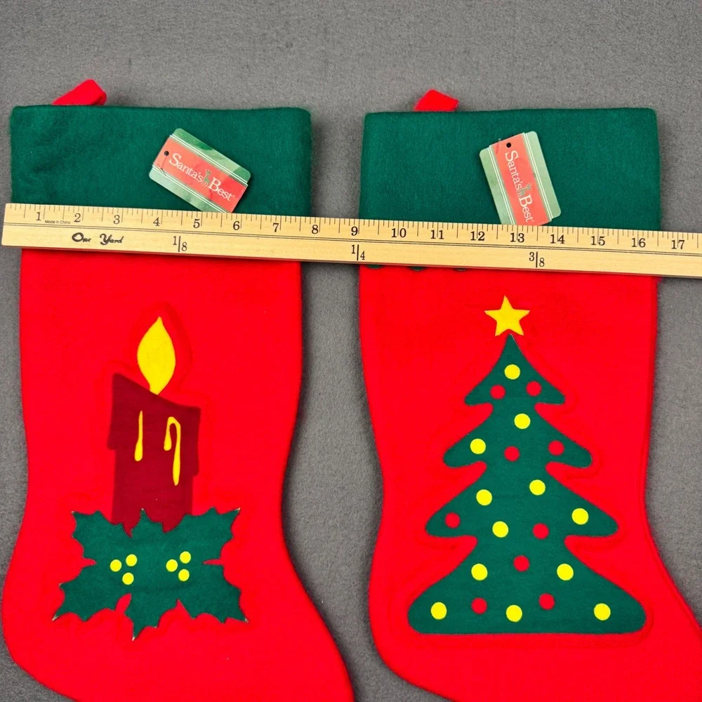 Vtg 90s Red Green Felt Santas best Christmas stockings tree candle w orig tags